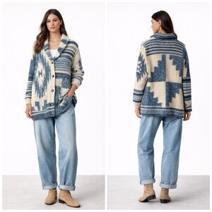 Polo Ralph Lauren Southwestern Shawl Knit Cardigan Cream Blue Size M